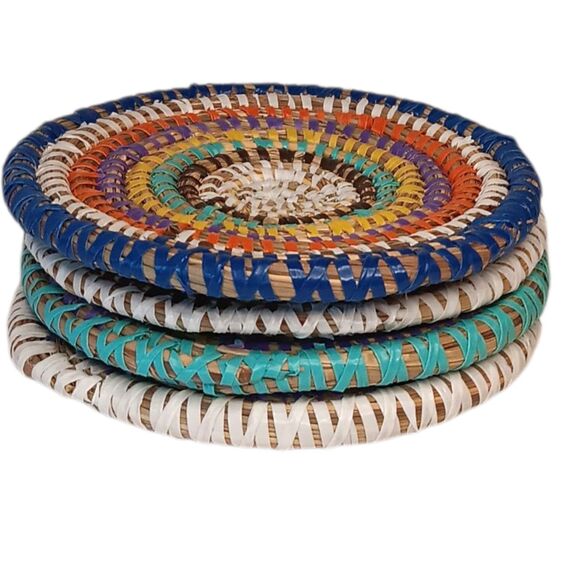 Large Colorful Woven Coasters Rattan And Plastic Multicolor 5.5" Set Of Four (4) - Picture 5 of 10